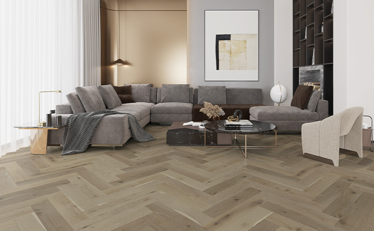 herringbone hardwood flooring in modern living room